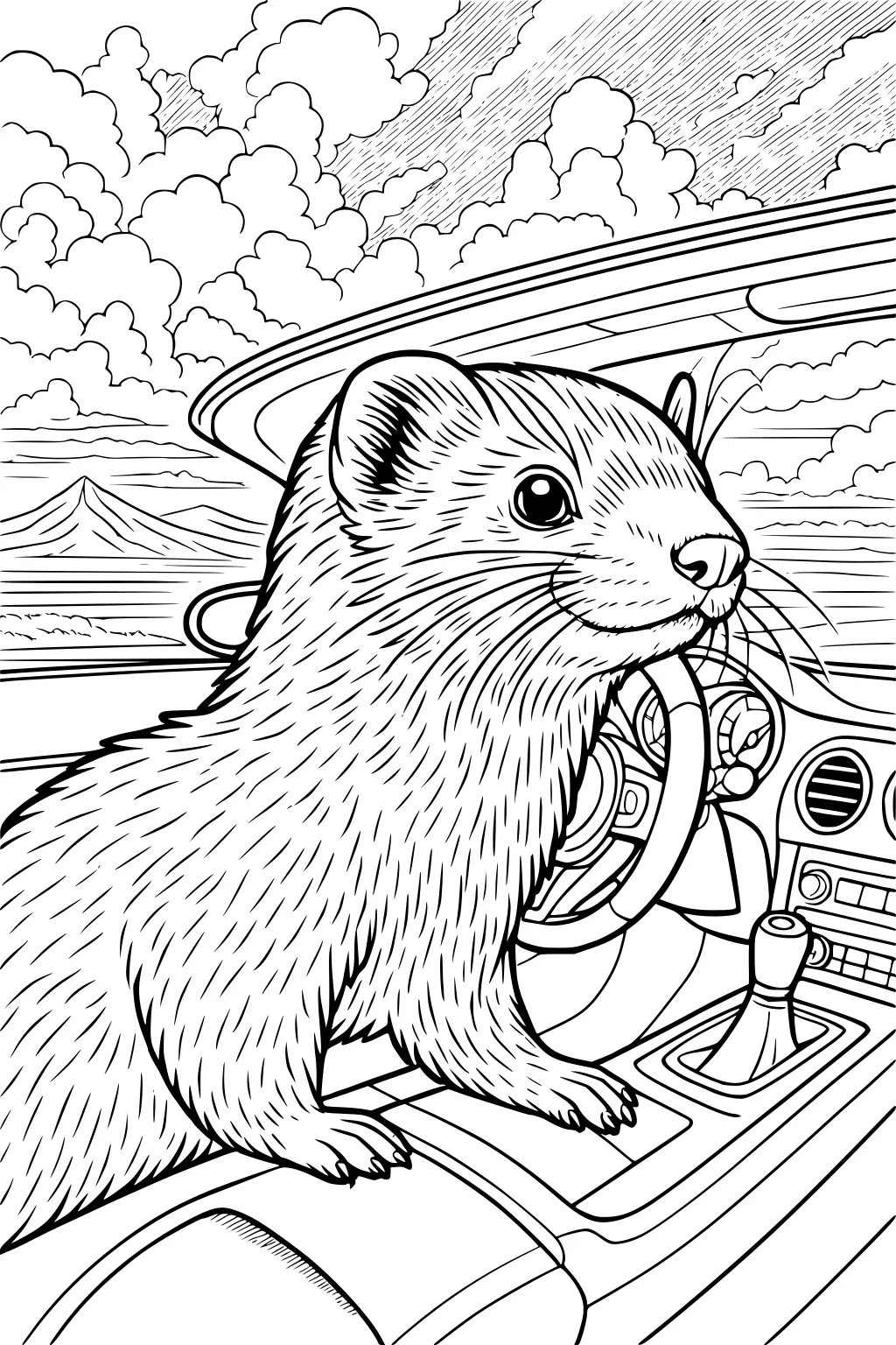Ferret sitting in the driver seat of a car holding the steering wheel with clouds and mountains in the background.