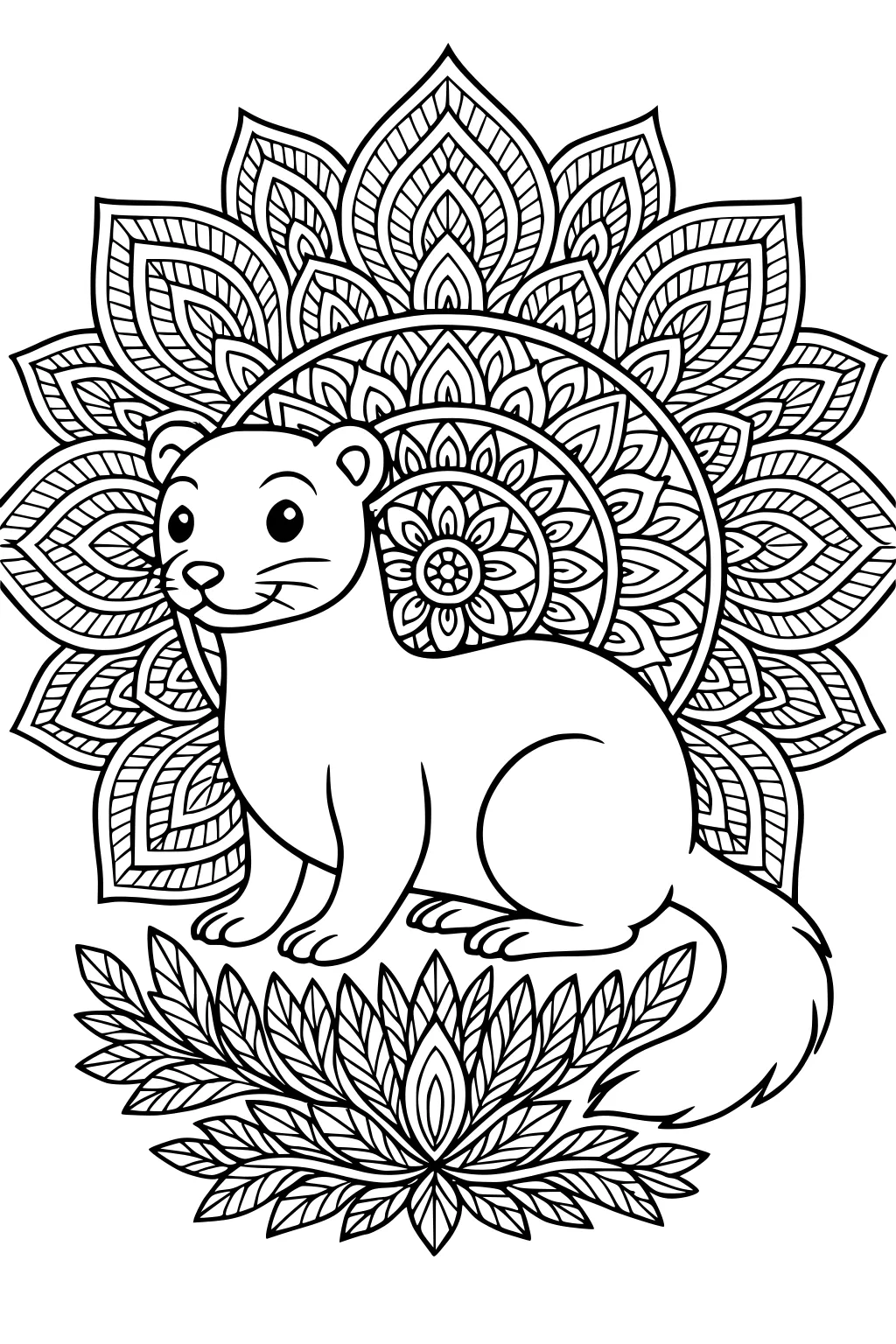 A friendly ferret sits among large patterned leaves and a floral mandala background, with detailed lines throughout.
