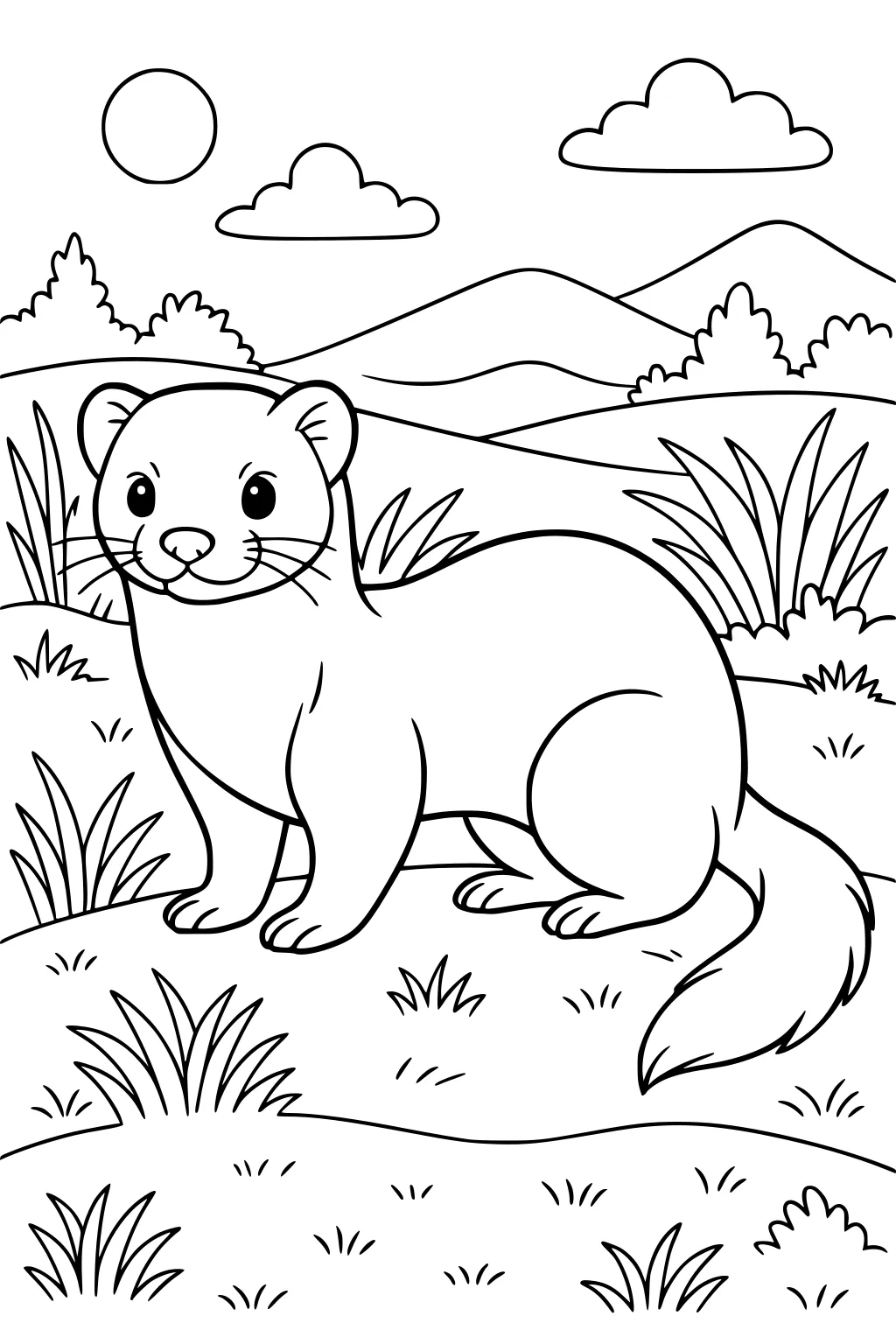 Ferret with a bushy tail standing in a grassy field, with hills, bushes, sun, and clouds in the background.