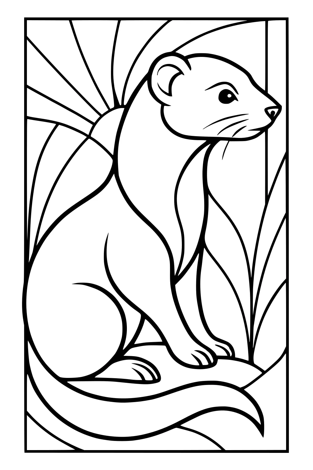 Ferret sitting upright in grass with sunburst lines behind, outlined in bold simple lines.