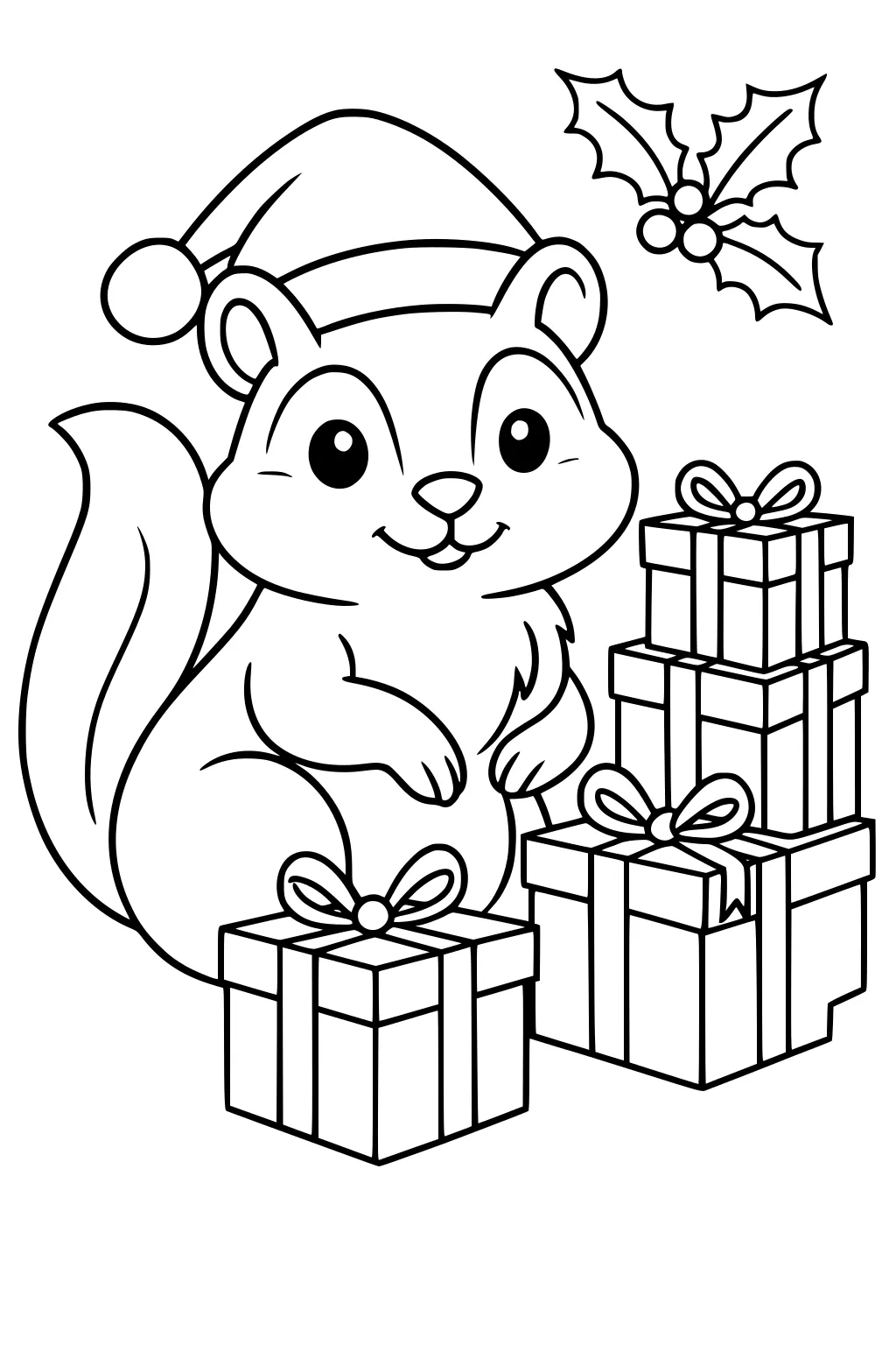 Chipmunk in Santa hat with three wrapped presents and holly leaves in the background.
