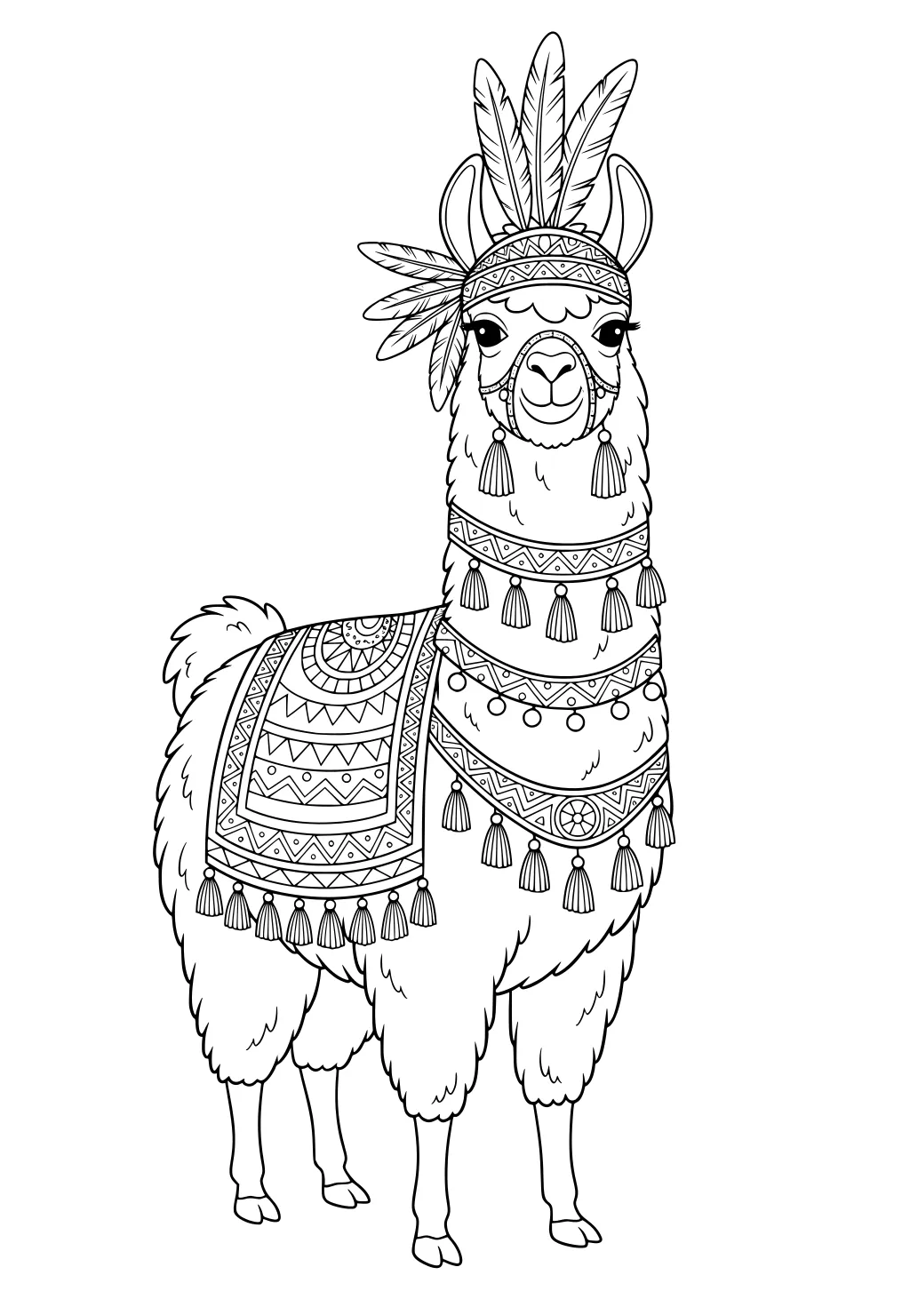 Llama with decorated blanket, necklace, and feathered headband. Tassels and patterns cover her outfit.