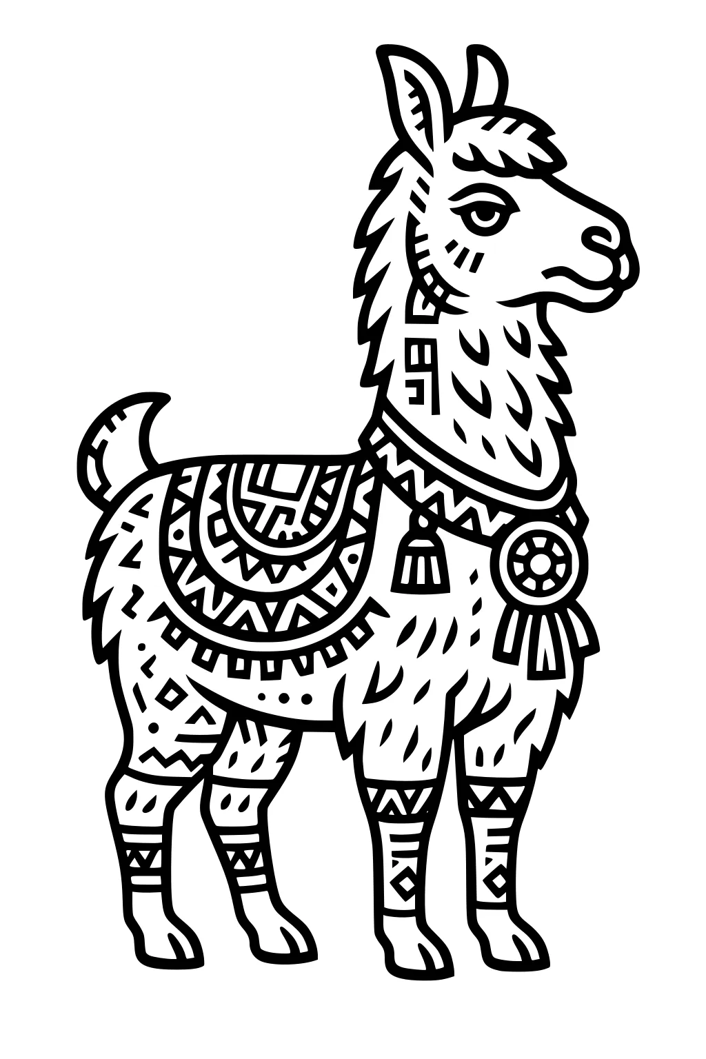 Outlined llama with patterned blanket, necklace, decorated legs, and fluffy wool, facing right on plain background.