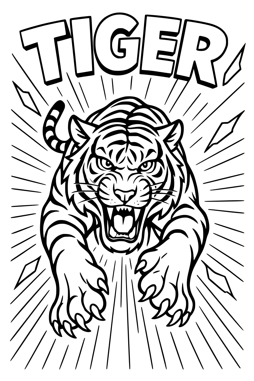 Leaping tiger with open mouth, sharp teeth, bold stripes, and the word TIGER above, with action lines in the background.