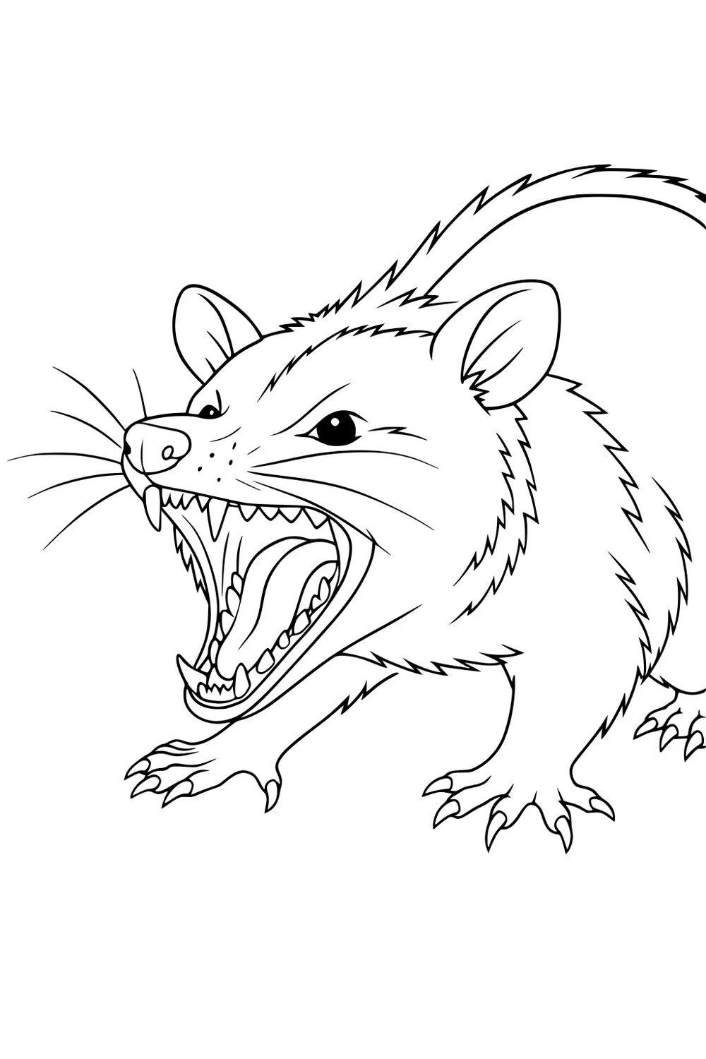 Opossum with open mouth showing teeth, large ears, whiskers, spiky fur, and claws, facing left.