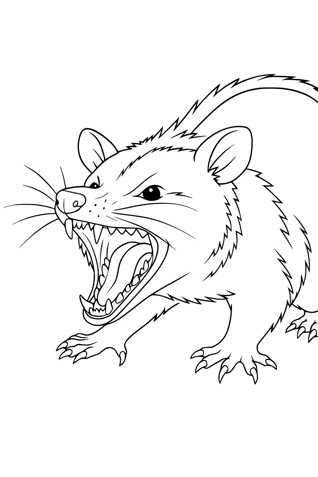 Opossum with open mouth showing teeth, large ears, whiskers, spiky fur, and claws, facing left.