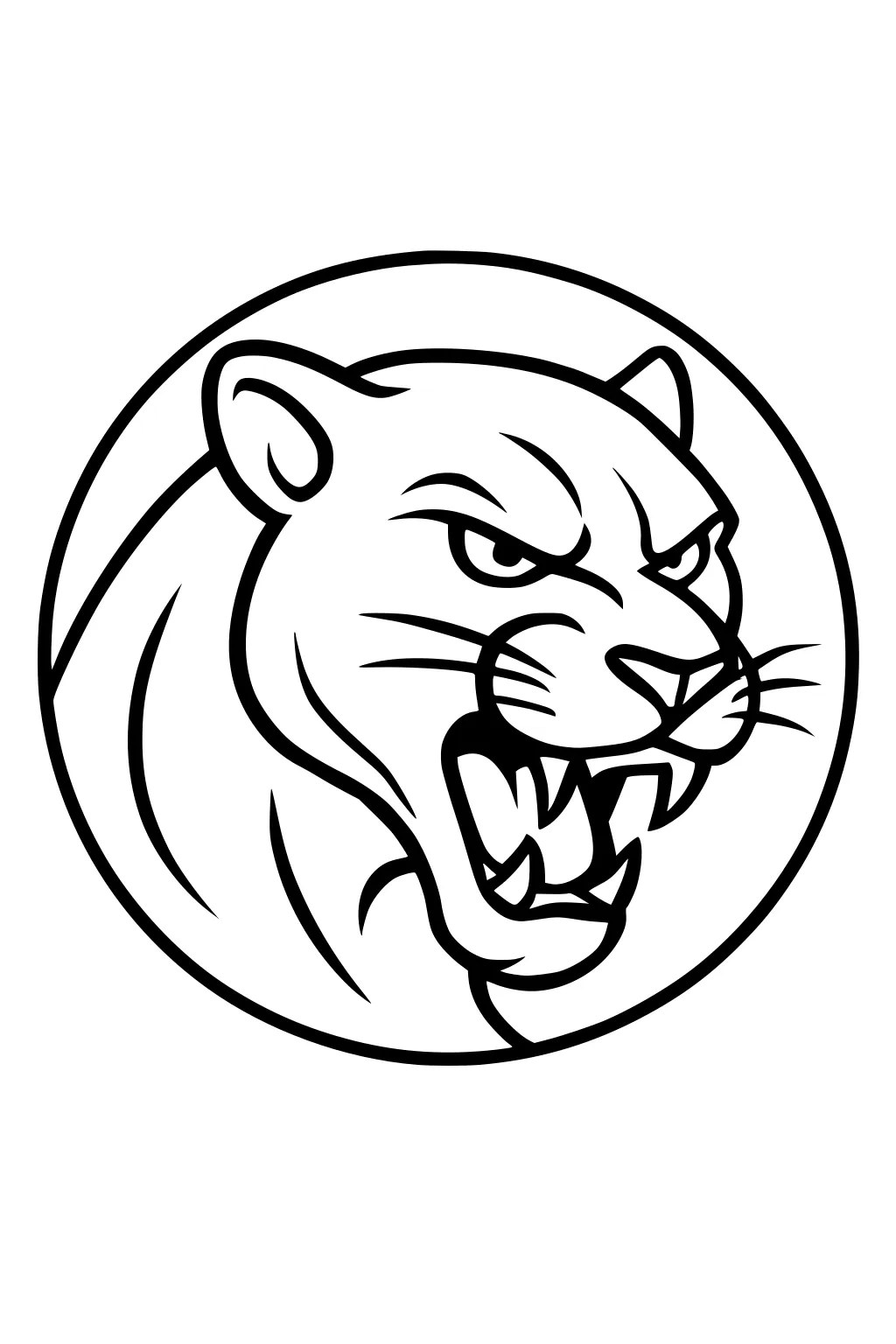 Panther head inside a circle, mouth open with sharp teeth showing and bold lines for details.