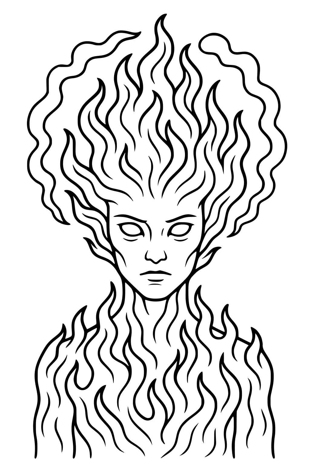 Line art of a fire elemental girl with flame hair and wavy fire around her shoulders, facing forward with blank eyes.