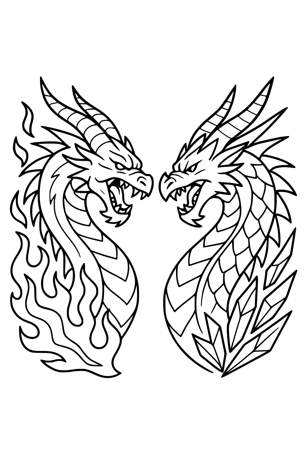 Two horned dragons facing each other; left wreathed in flames, right with crystal spikes, open mouths, long scaled necks.