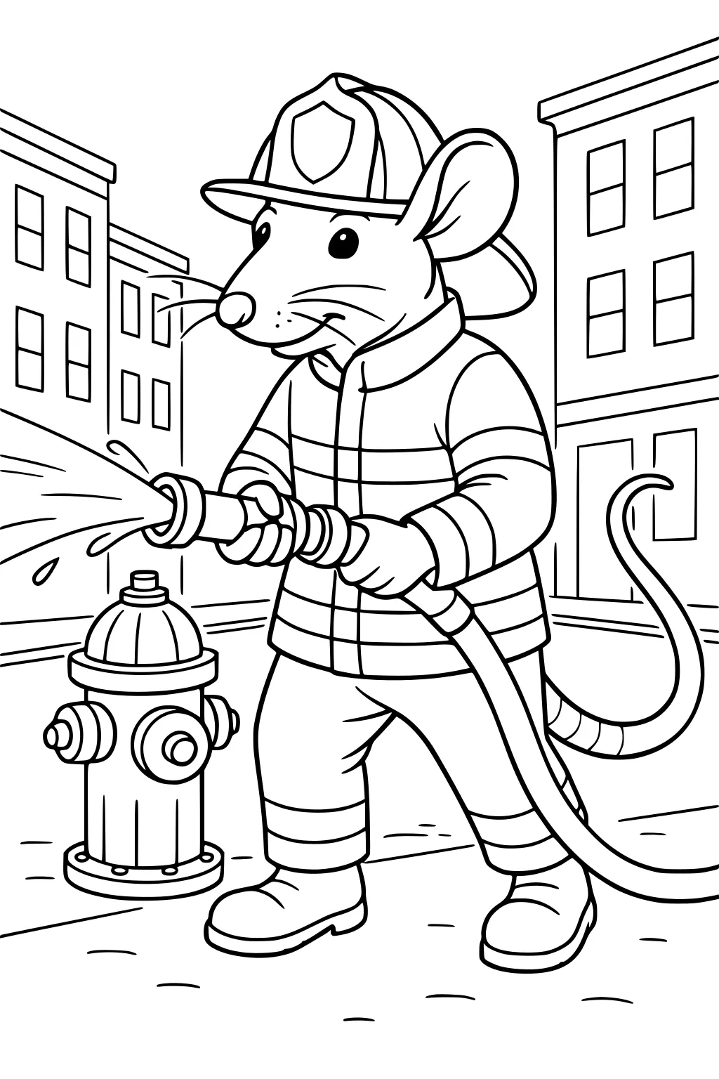 Cartoon rat firefighter spraying water from a hose near a fire hydrant on a city street with buildings.