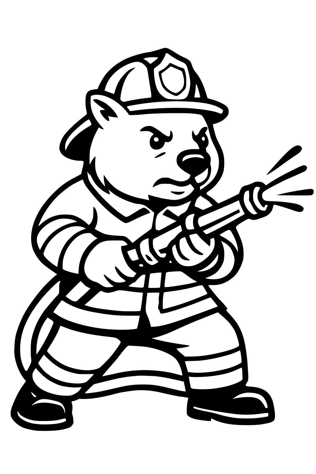 Cartoon wombat firefighter in helmet and coat spraying water from a hose, legs apart in boots with a curled tail behind.