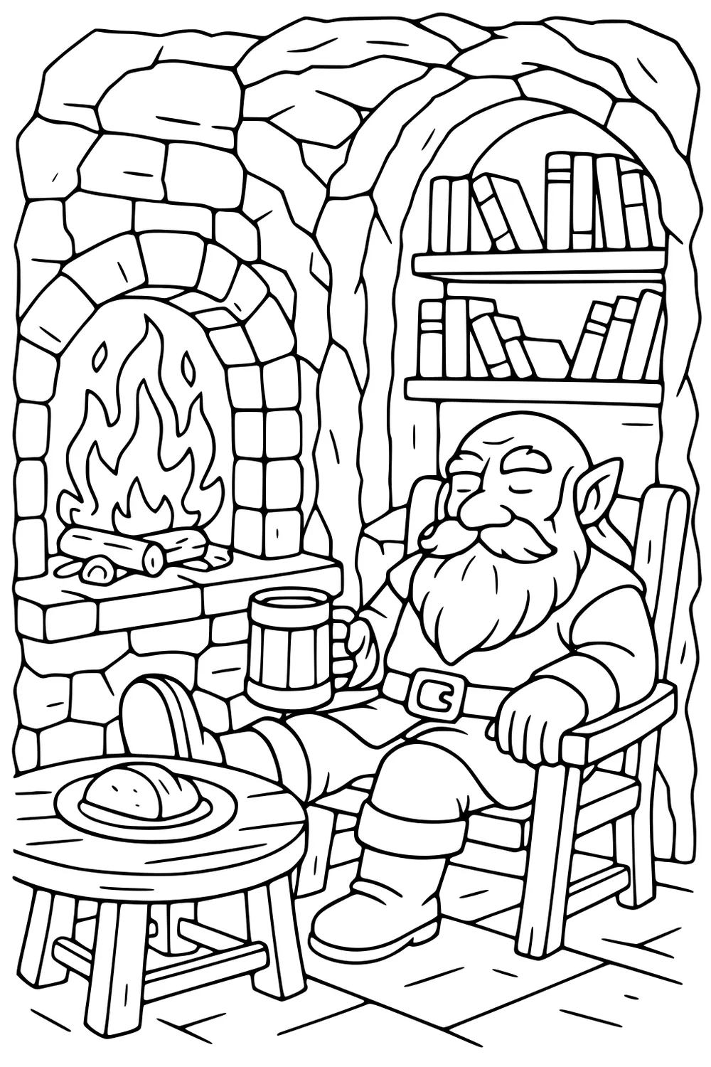 Bearded dwarf relaxing by a stone fireplace, holding a mug, boots near a table with bread, with books on a cave wall shelf.
