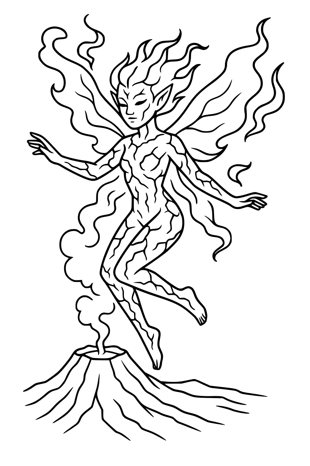 Fairy girl with flame hair and wings floats over a smoking volcano, eyes closed, with lava-like body lines and swirling heat wisps.