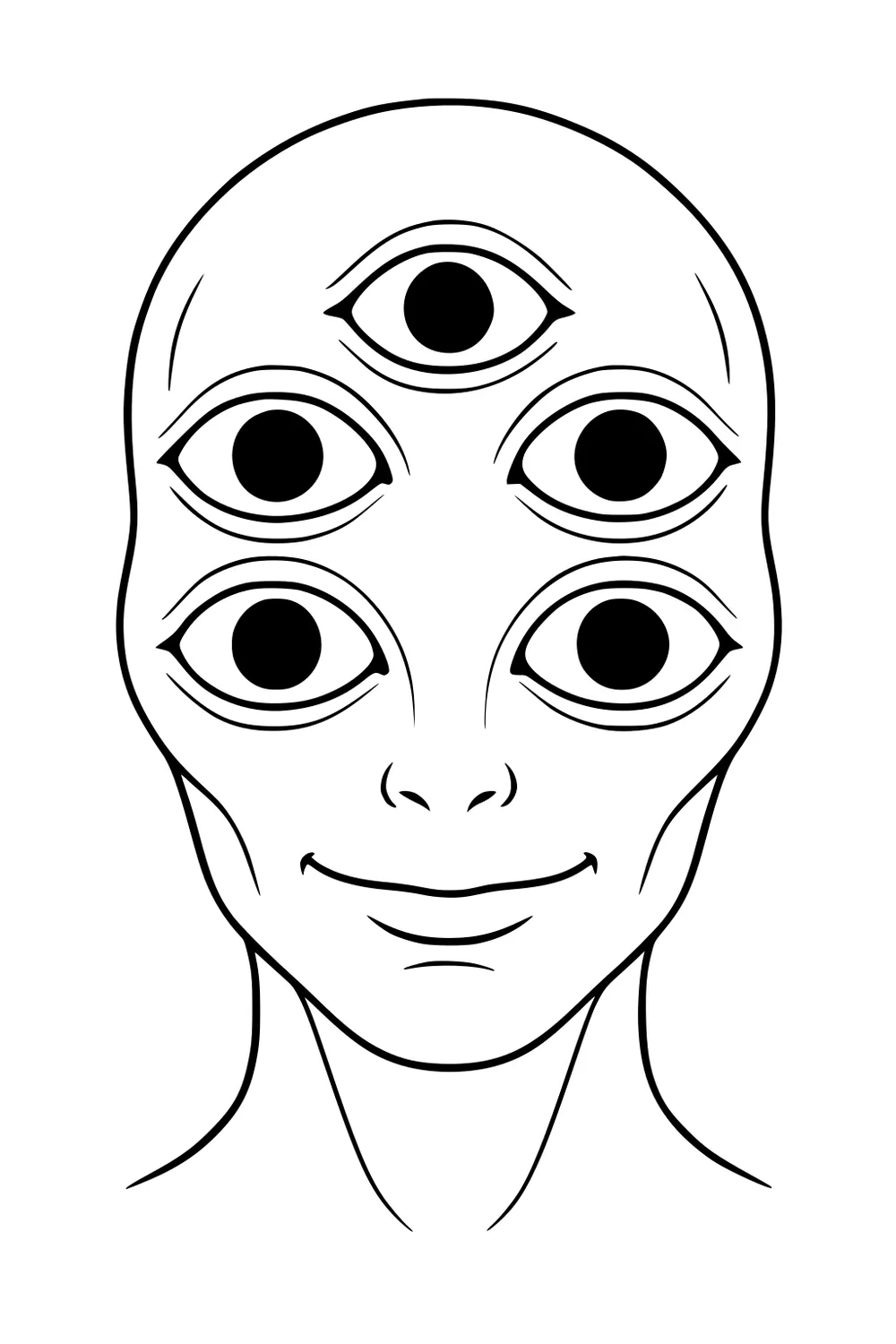 Five-eyed alien head with a small nose and smiling mouth in simple black outlines, front view.