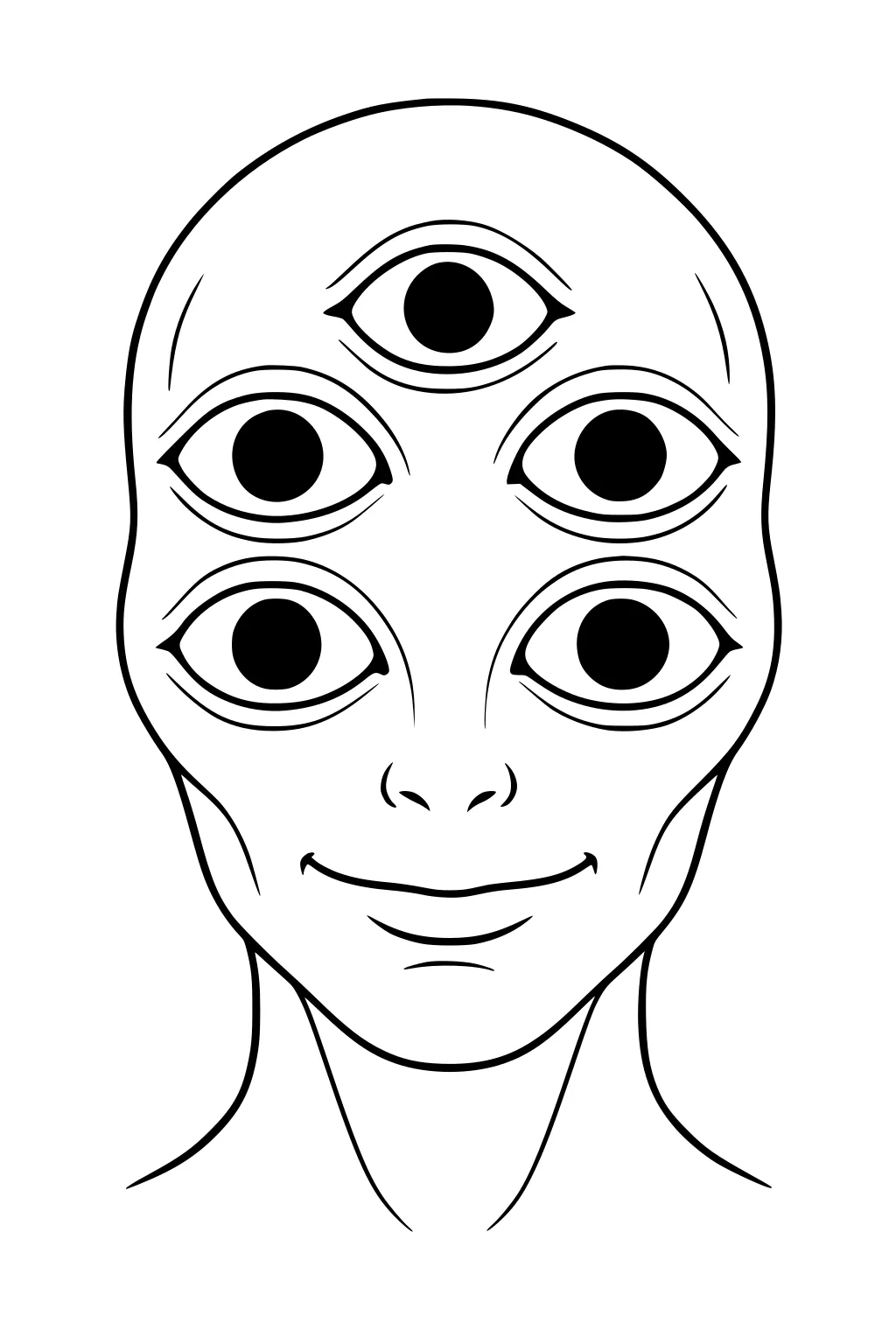 Five-eyed alien head with a small nose and smiling mouth in simple black outlines, front view.