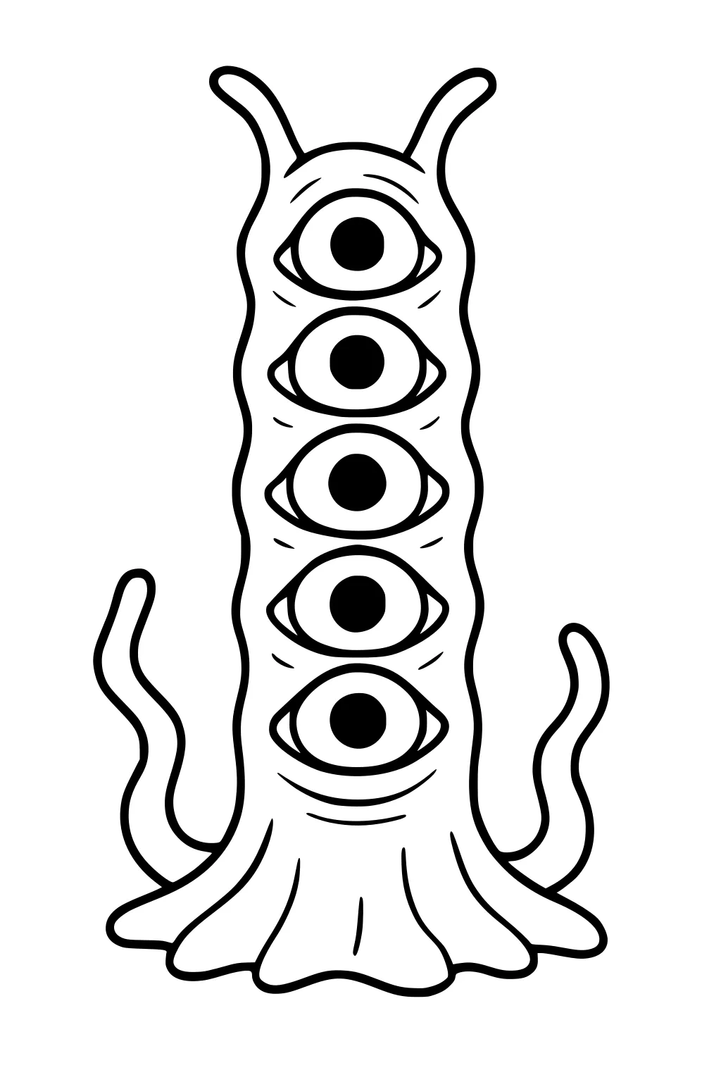 Tall cartoon monster with five stacked eyes, two feelers, side tentacles, and a draped goo base in bold black outlines.
