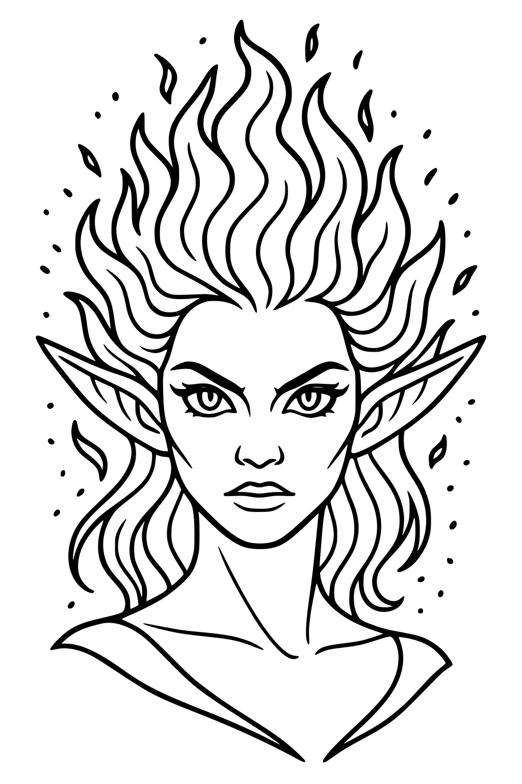 Line art of a girl fairy with pointed ears and flame hair, front portrait with floating leaves and small dots around her.