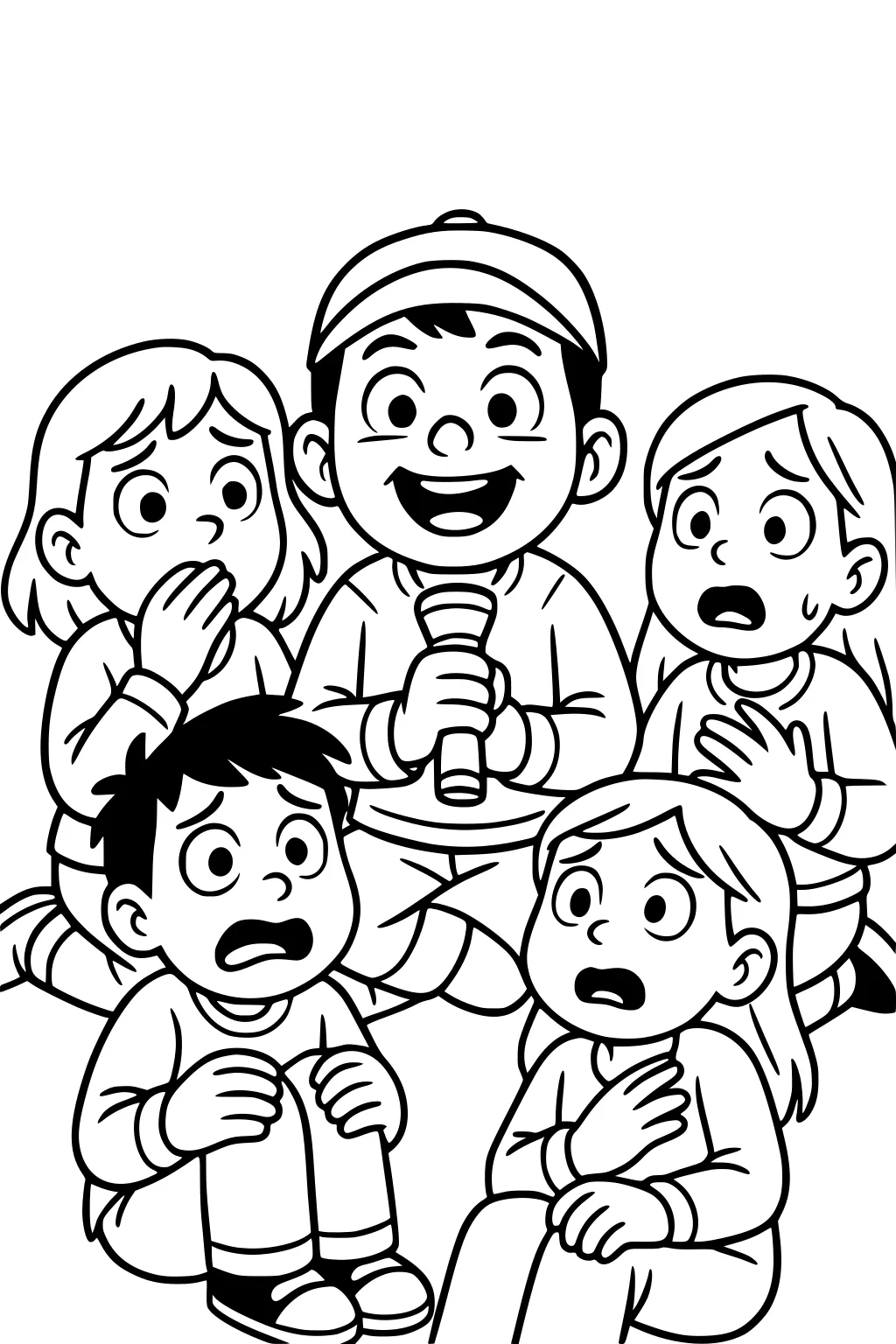 Five kids sit together; a boy in a cap holds a flashlight and smiles as four friends look scared with wide eyes and hands to faces.