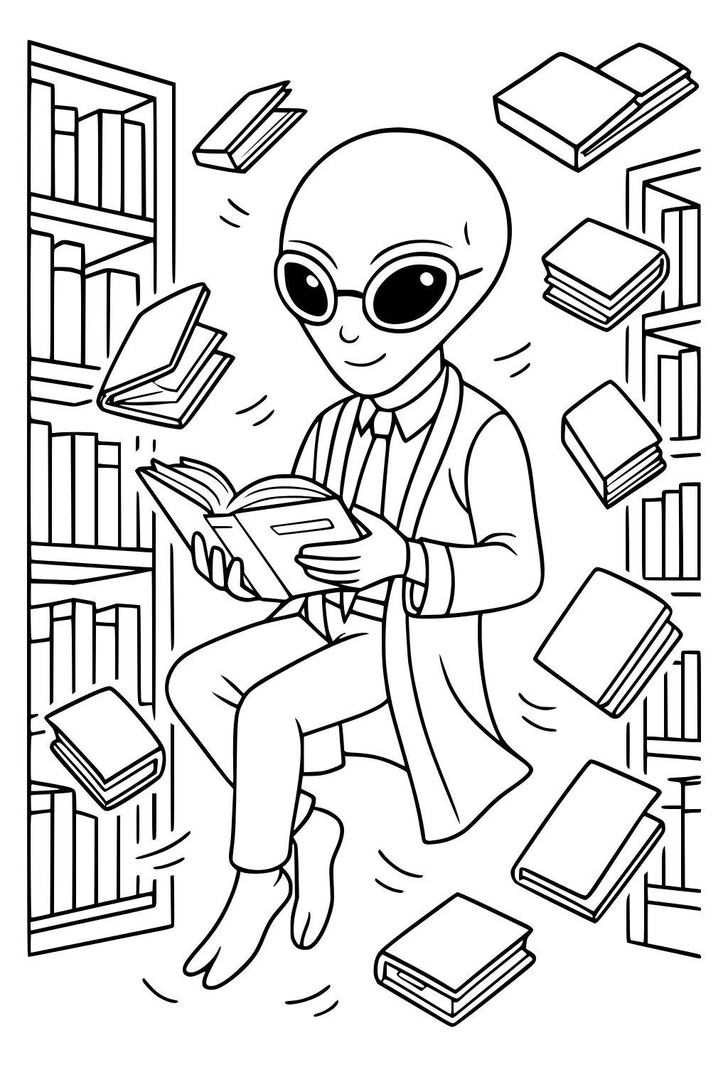 Alien boy in a lab coat floating cross-legged in a library, reading as stacks of books hover around him near tall shelves.
