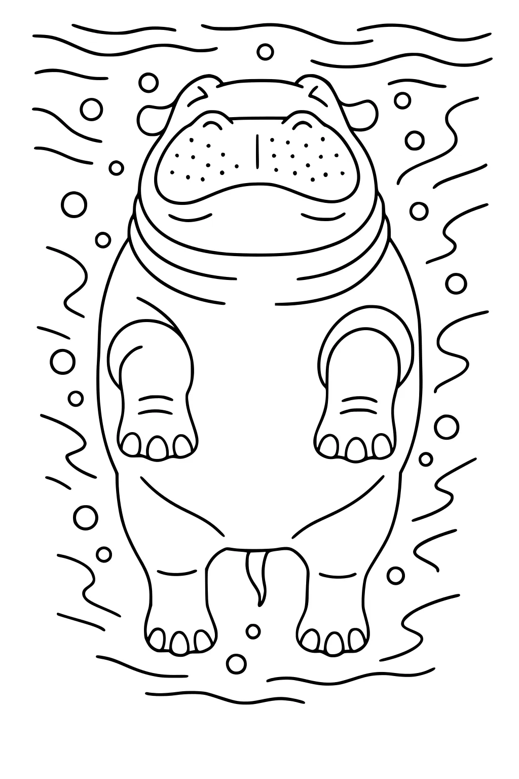 Hippopotamus floating on his back in water, surrounded by bubbles and wavy lines.