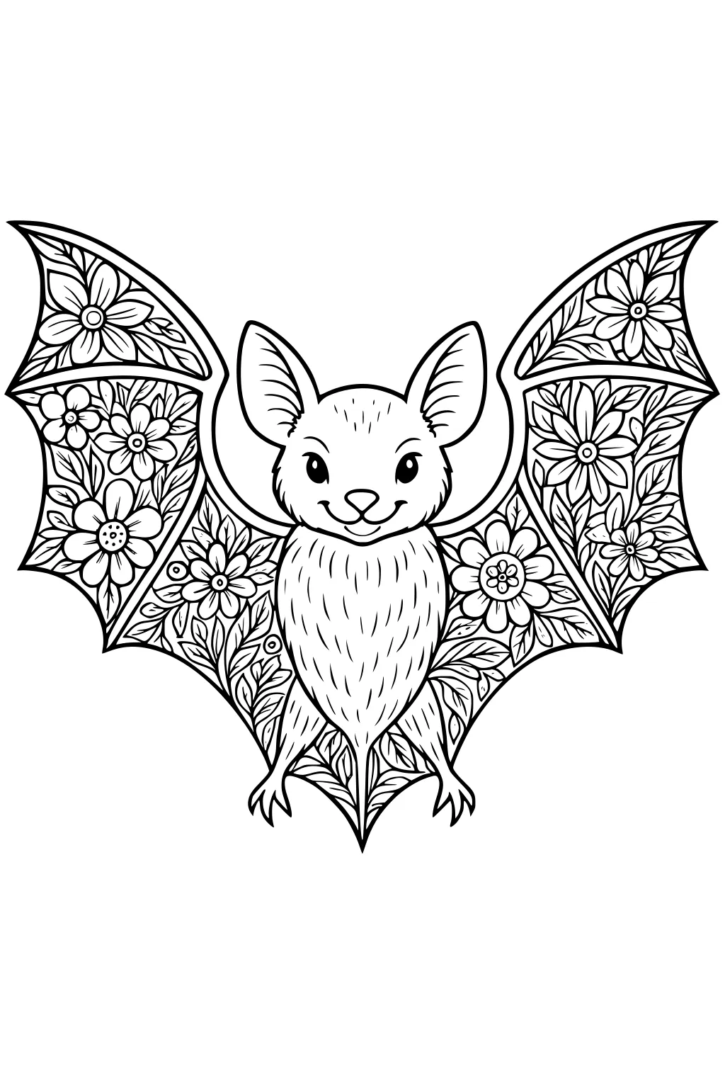 Smiling bat with big ears and wings covered in flower and leaf patterns, sitting upright and facing forward.