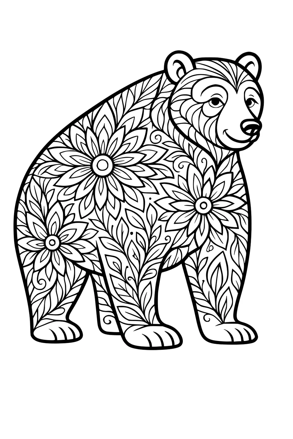 Bear with flowers and leaves decorating its fur, filled with detailed line patterns.