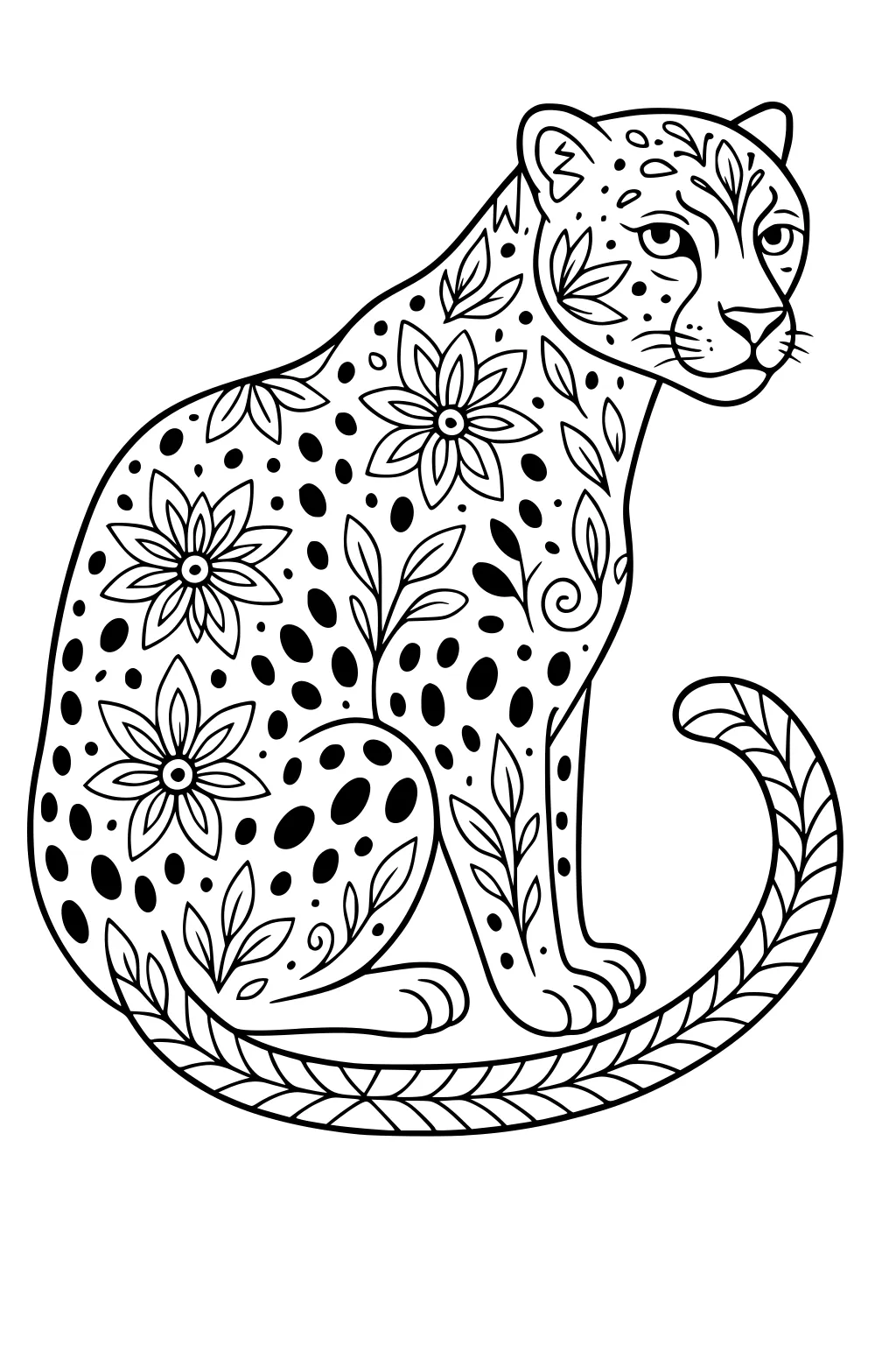 Cheetah sitting with flowers and leaves in its spots, tail curled, bold lines and patterns on the body.