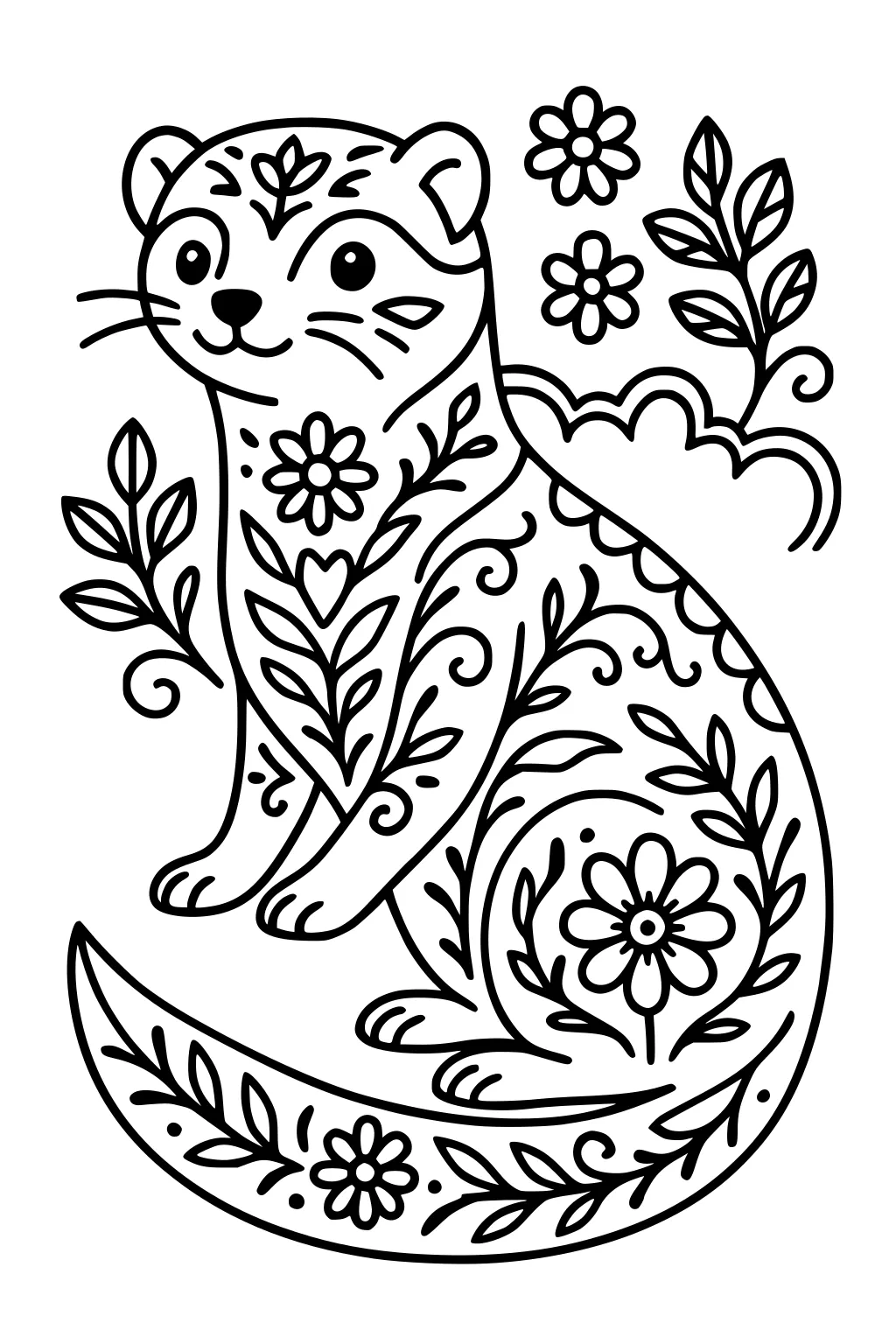 Ferret sitting upright with floral and vine patterns, surrounded by blooming flowers and leafy branches.