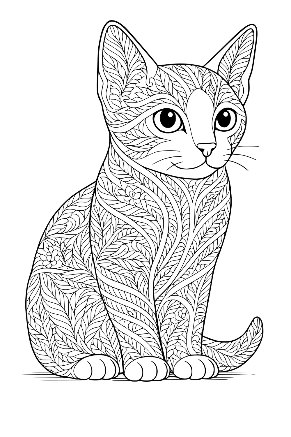 Decorative cat with leaves and flowers in fur, sitting upright and looking ahead.