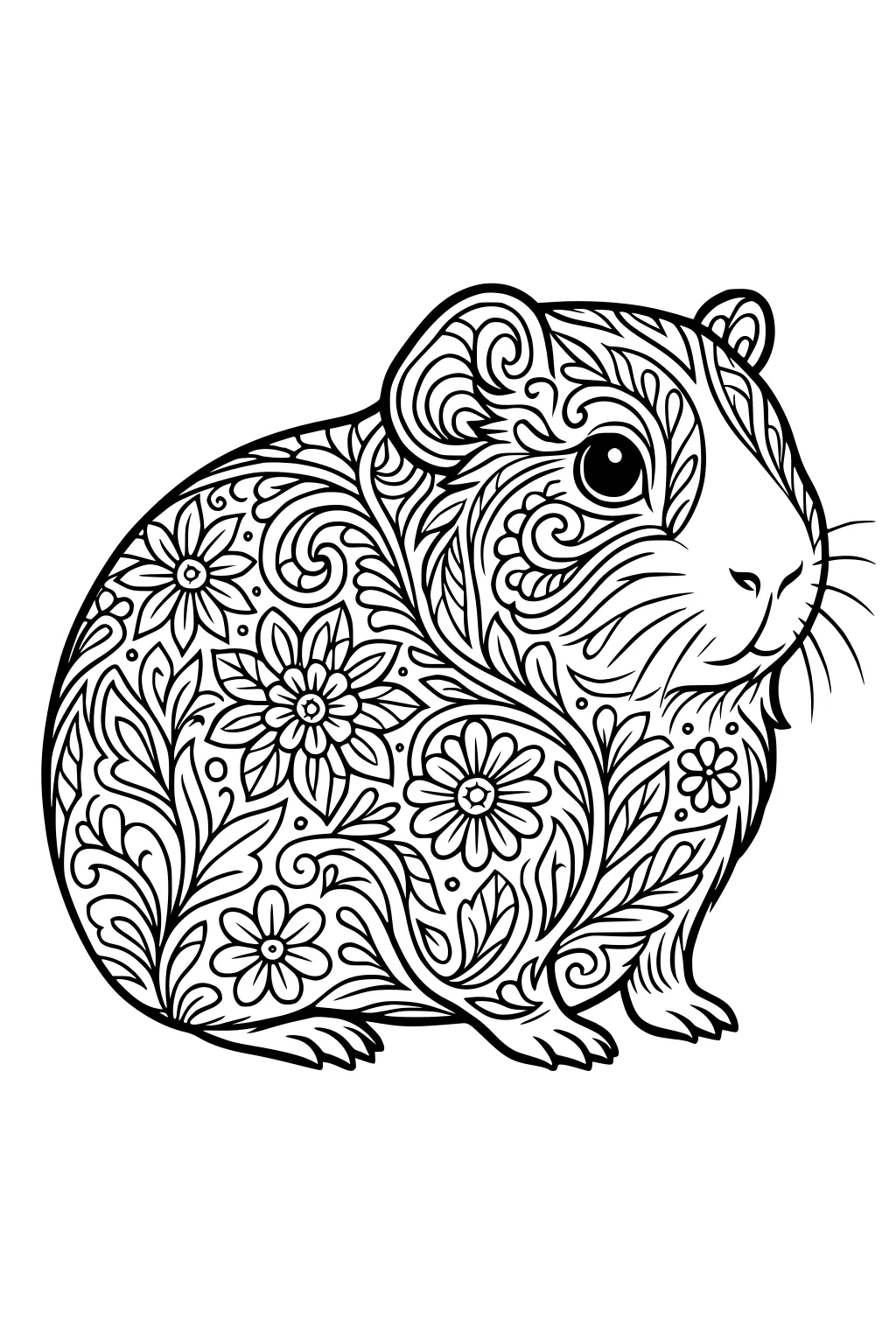 Guinea pig outlined in black with decorative flowers and leaves covering its body.