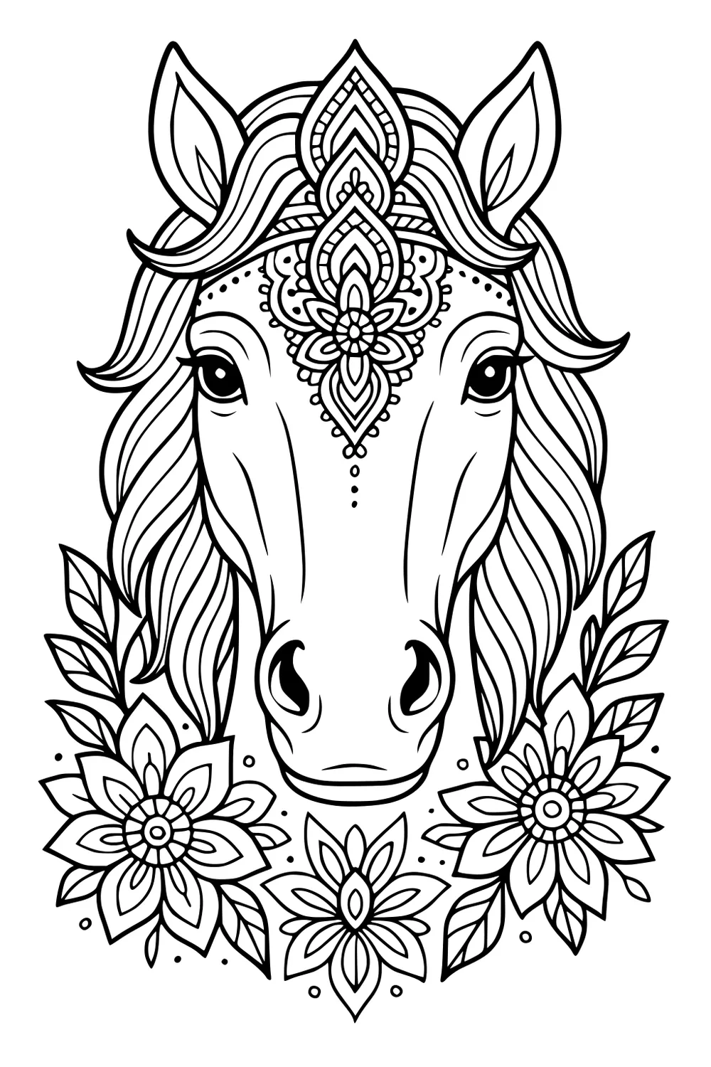 Horse head with long wavy mane, ornate forehead design, surrounded by large flowers and leafy branches.