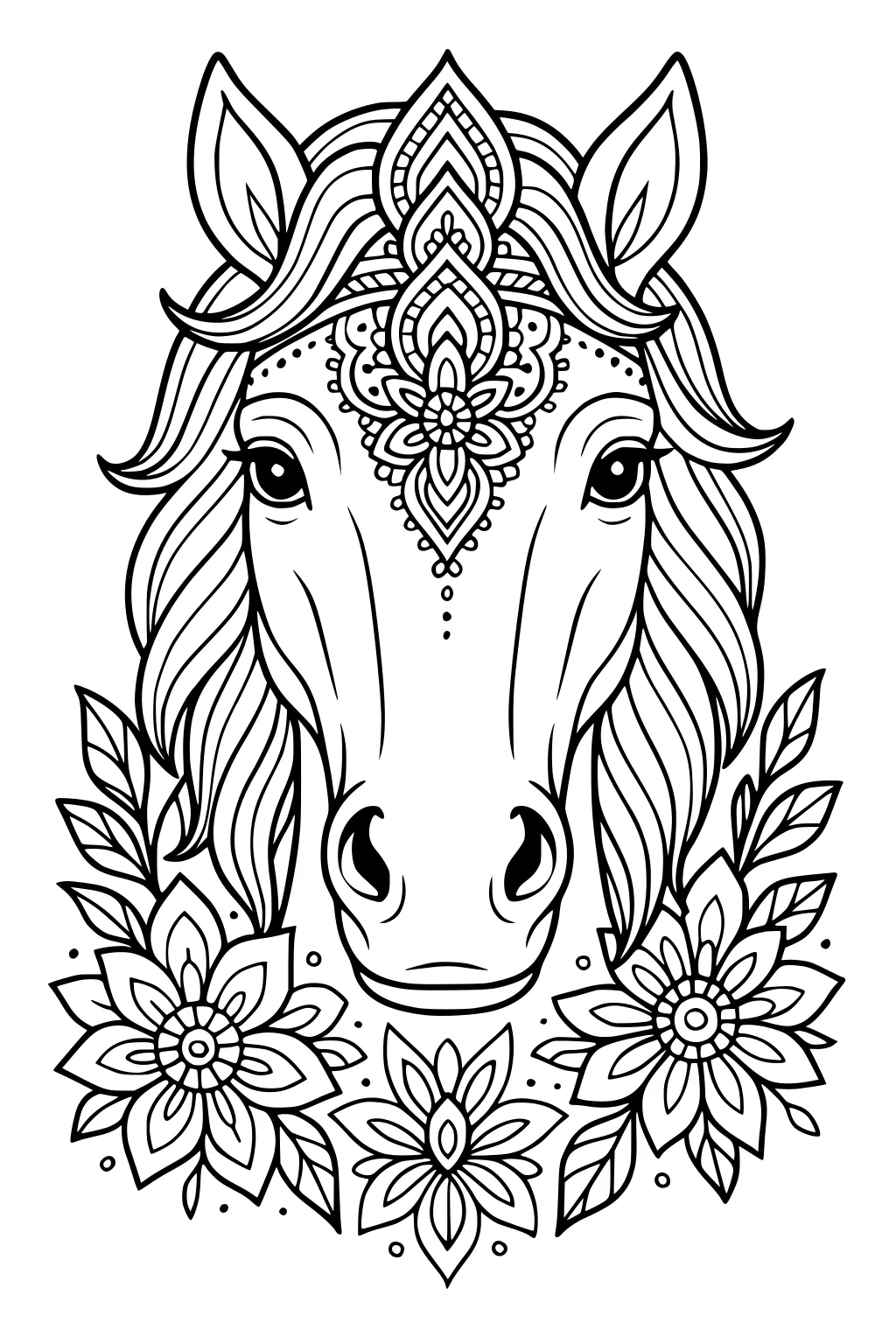 Horse head with long wavy mane, ornate forehead design, surrounded by large flowers and leafy branches.