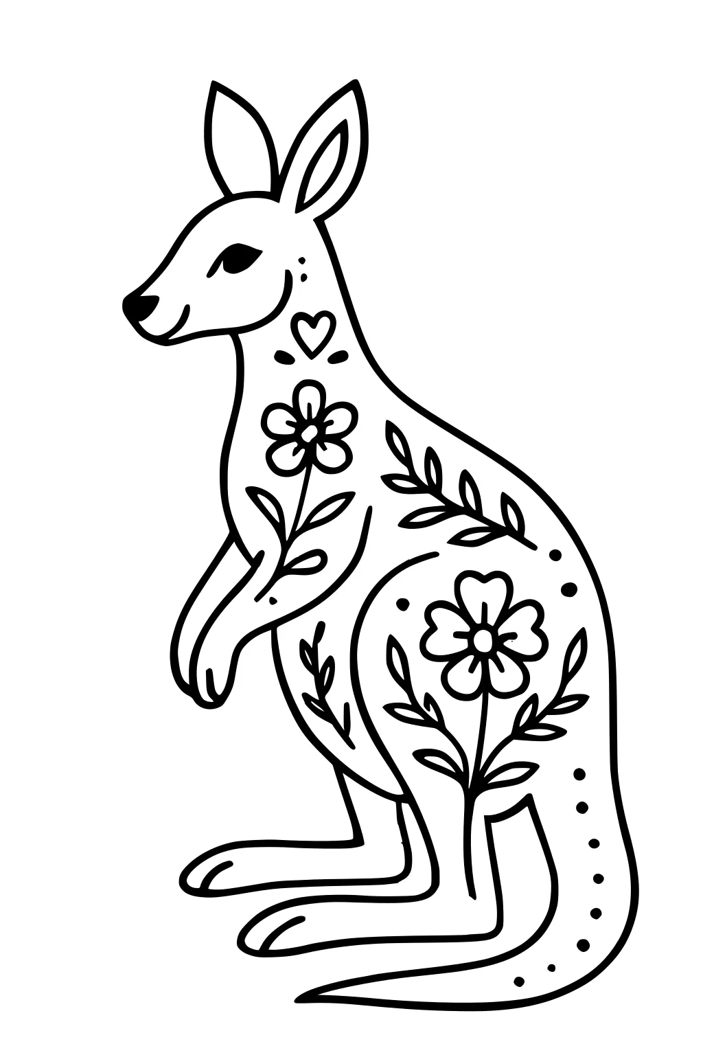 A kangaroo with a smiling face, standing upright, decorated with flowers, leaves, a heart, and dotted patterns.