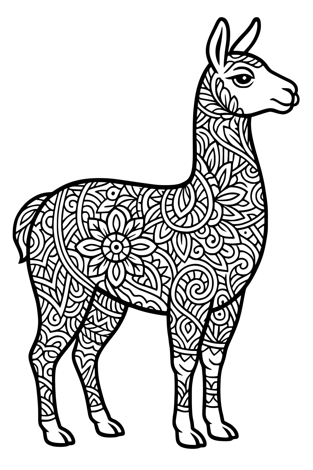 A llama covered in detailed floral and swirl patterns stands in profile, outlined with thick black lines.