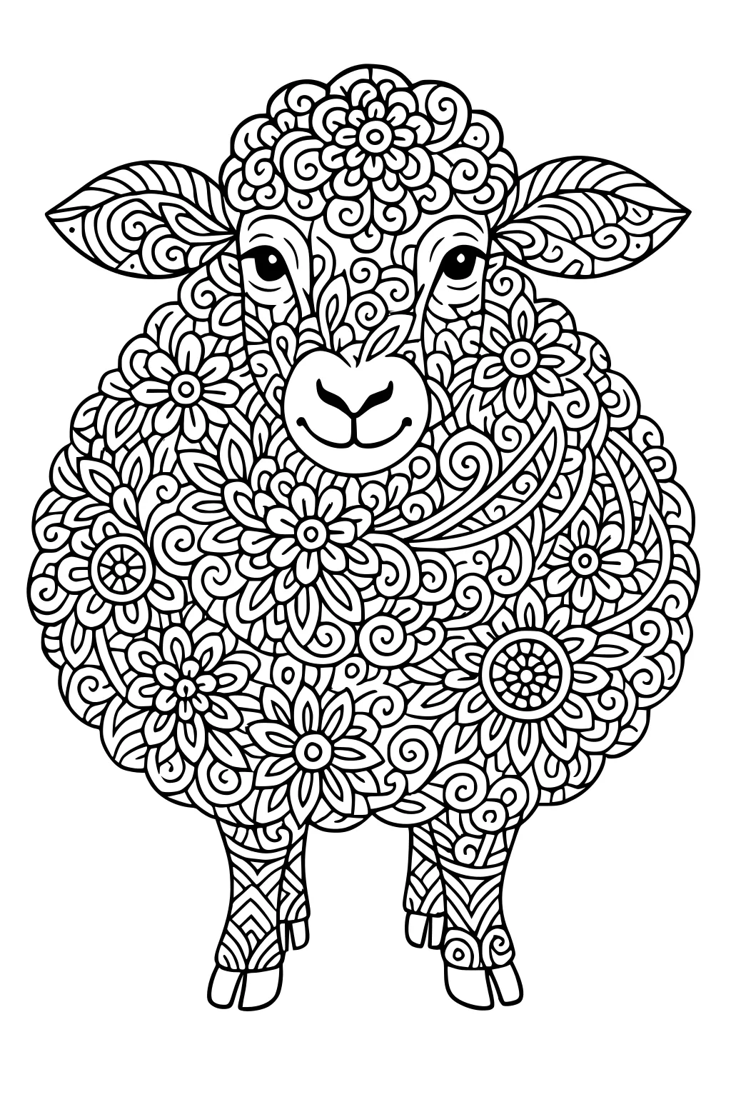 Sheep with intricate flower and swirl patterns covering its wool, with bold decorative outlines and details.