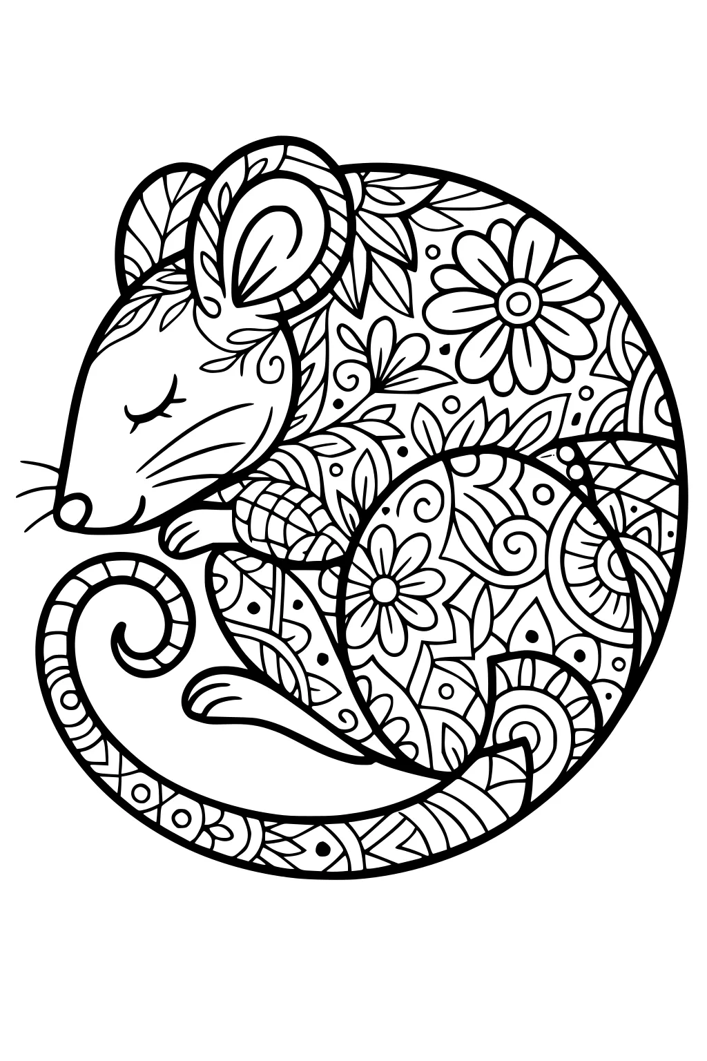Mouse curled up, eyes closed, with floral and leafy patterns on its body and a spiral tail.