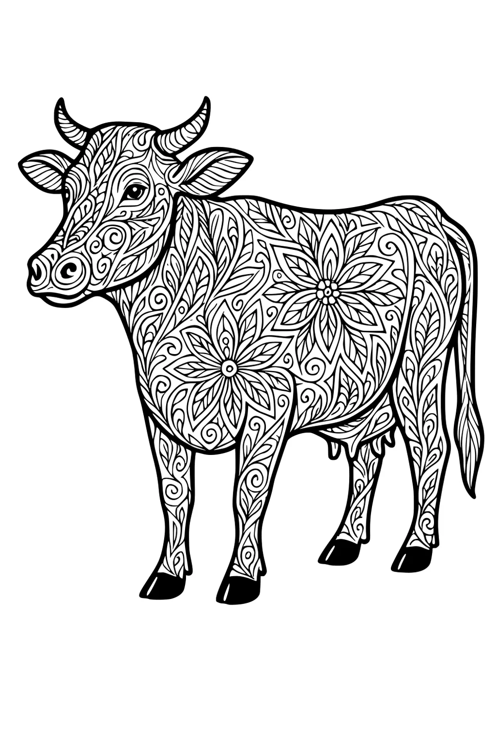 Cow covered in ornate flower and leaf patterns, standing with head turned and black hooves.