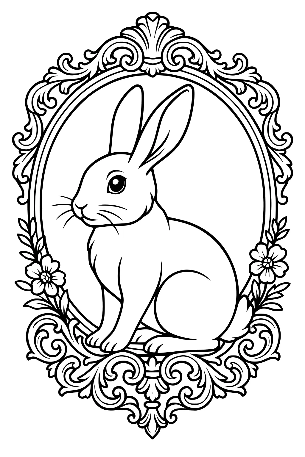 Rabbit sitting inside floral and vine oval frame with detailed patterns.