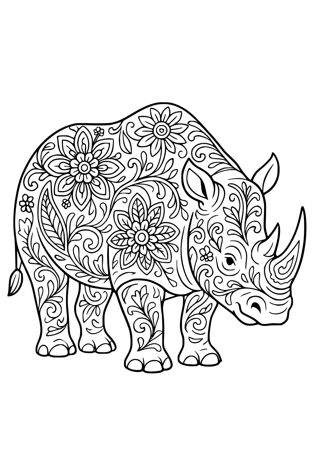 Rhino with patterned flowers and leaves covering her body, standing on all four legs, facing right.