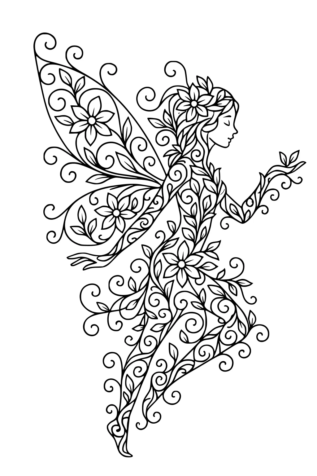 Profile fairy girl of vines and flowers with large patterned wings, floating and holding a tiny sprout, detailed swirls and leaves.