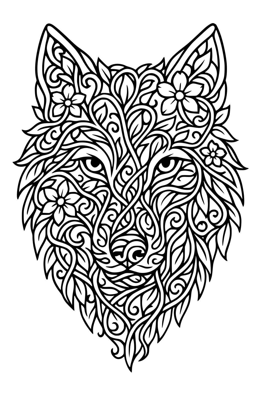 Intricate wolf head of leaves, flowers, and swirls; symmetrical line art with tall ears and calm eyes on white.