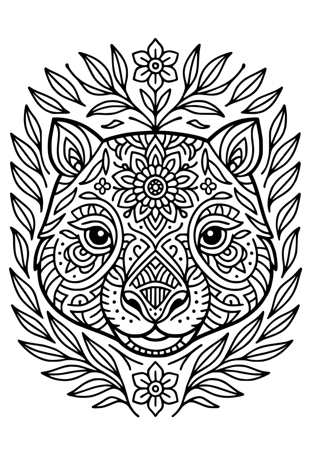 Decorative wombat face with mandala patterns, big eyes, layered ears, and a leafy wreath with flowers above and below.
