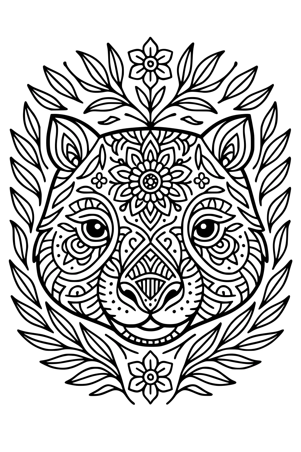 Decorative wombat face with mandala patterns, big eyes, layered ears, and a leafy wreath with flowers above and below.