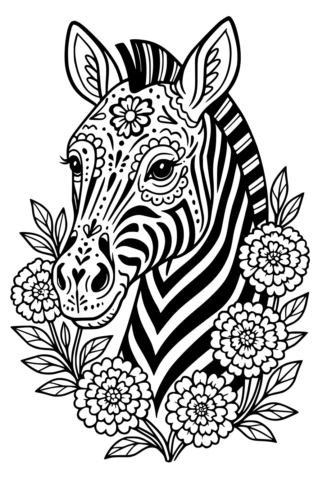 Decorated zebra head with bold stripes and floral patterns, framed by five blooming flowers and leaves in a cartoon outline.