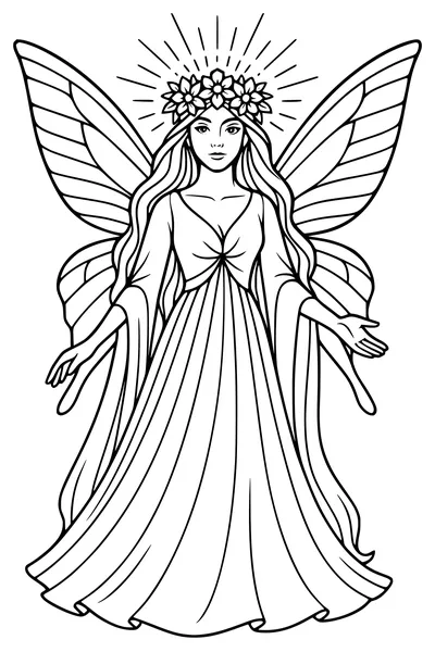 Free Fairy Coloring Page - Flower Crown Blessing With Halo Rays (Printable PDF)