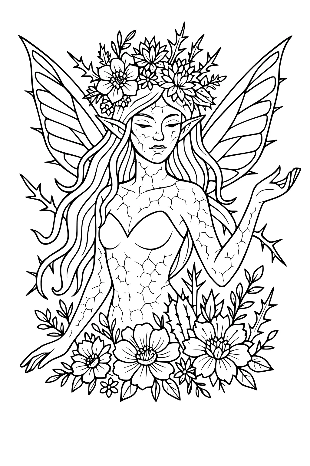 Fairy girl with large wings, flower crown, elf ears, crackled skin, and flowers and leaves around her, line art.