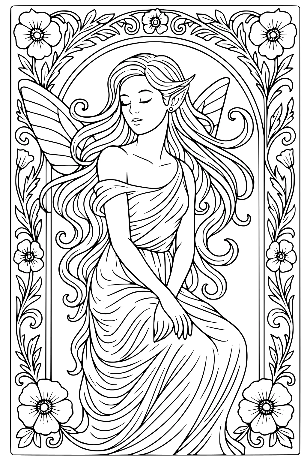 Fairy girl with long hair and wings sits in a draped dress, eyes closed, in an ornate floral frame with poppies and vines.