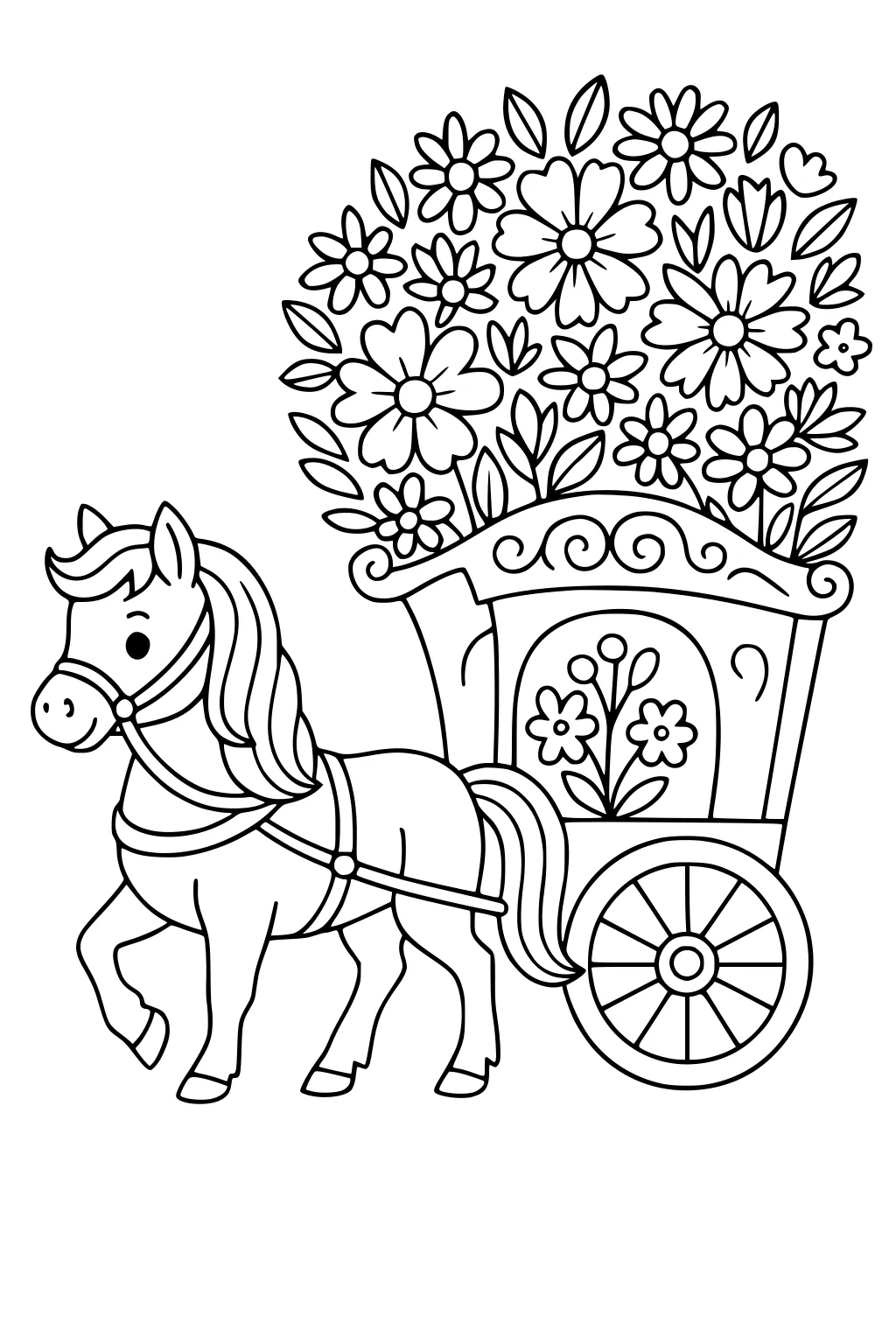 Cartoon pony pulling a wagon with big wheels and overflowing flowers and leaves on top.
