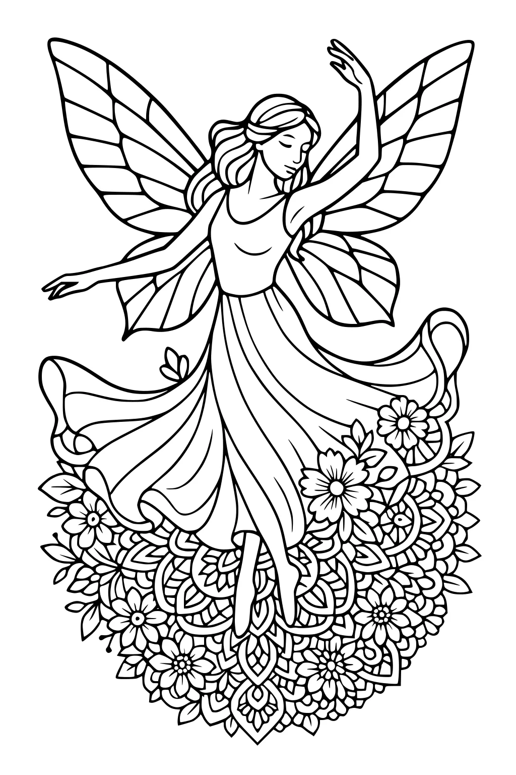 Fairy girl with butterfly wings dances above a round floral mandala, flowing dress, raised arms, line art.