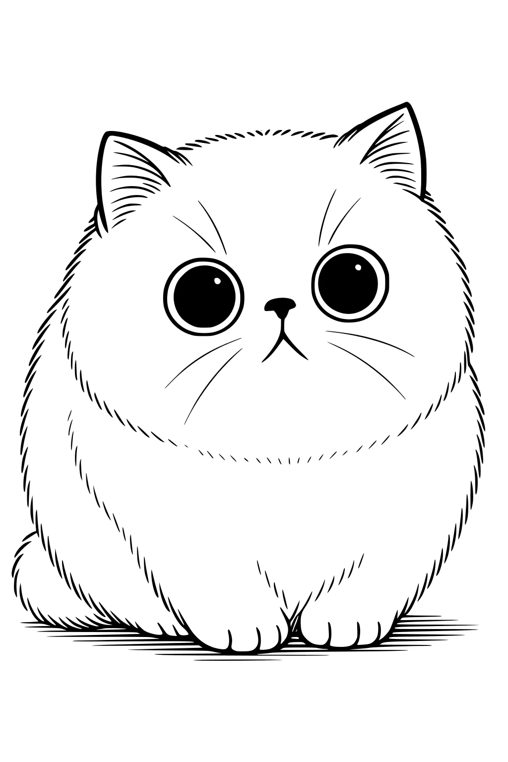 Fluffy cartoon cat sitting with big round eyes, pointy ears, and short paws on a blank background.